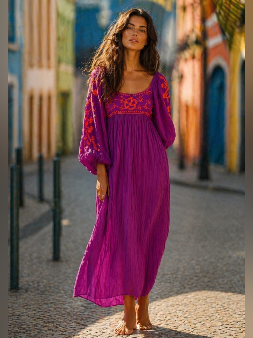 Free People Wedgewood Maxi Dress Embroidered M Boho Magenta Scandi Parisian Soft